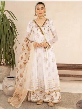White Floral Embroidered Women's Anarkali Dress